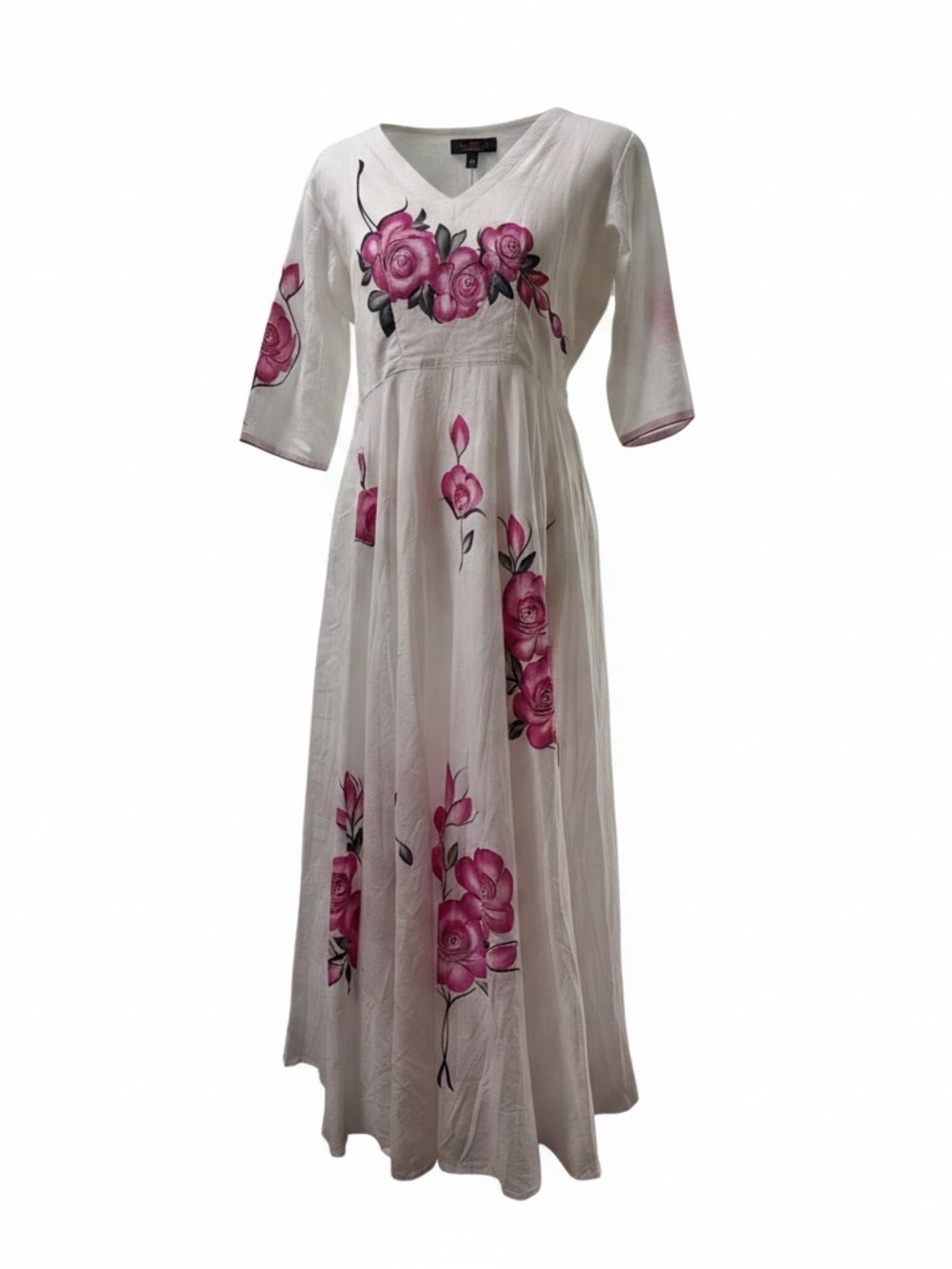 White Maxi Dress with Pink Floral Design by